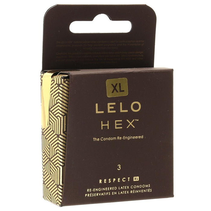 Packaging of LELO Hex Respect XL Condoms with geometric pattern and product information.