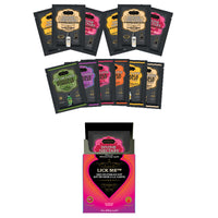 The image displays an array of Sex On The Go Kit packaging in various flavors, with attractive and colorful designs. Each sachet promises a convenient and portable solution for intimate moments, featuring flavored lubricants and warming body toppings.