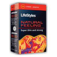 Packaging for Lifestyles Natural Feeling Condoms, highlighting features such as thinness, strength, and natural feel, with a graphic of a couple embracing.
