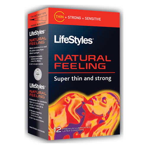 Packaging for Lifestyles Natural Feeling Condoms, highlighting features such as thinness, strength, and natural feel, with a graphic of a couple embracing.