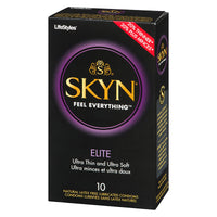 A box of Skyn® Elite Condoms by Lifestlyes®, featuring the product's key attributes like being ultra-thin, latex-free, and providing a natural feel.