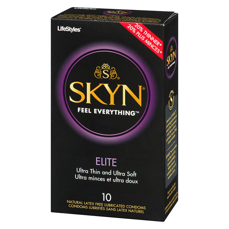 A box of Skyn® Elite Condoms by Lifestlyes®, featuring the product's key attributes like being ultra-thin, latex-free, and providing a natural feel.