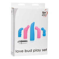The product image shows the packaging of the Love Bud Play Set Vibrating Bullet, displaying the box with the set's name and various silicone sleeves in pink and blue colors alongside the silver vibrating bullet.