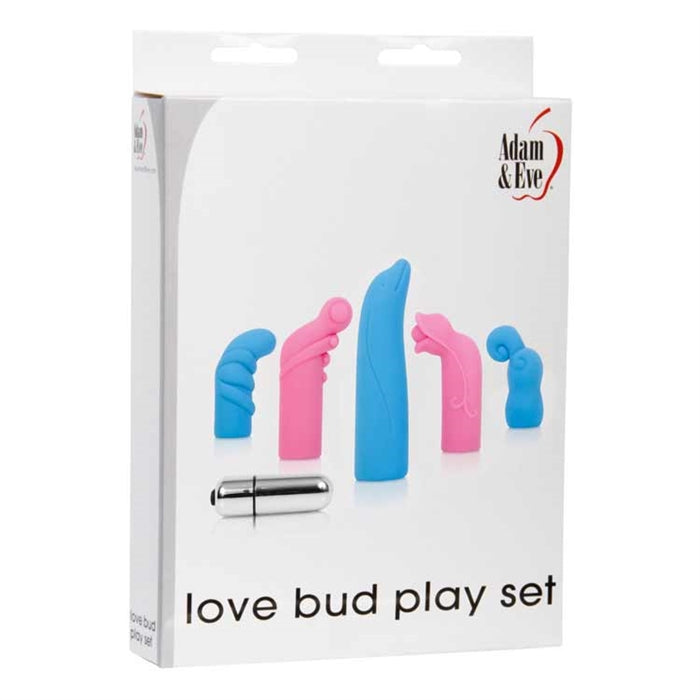 The product image shows the packaging of the Love Bud Play Set Vibrating Bullet, displaying the box with the set's name and various silicone sleeves in pink and blue colors alongside the silver vibrating bullet.