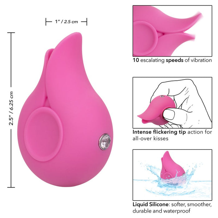 pink clitoral vibrator with specs on white background