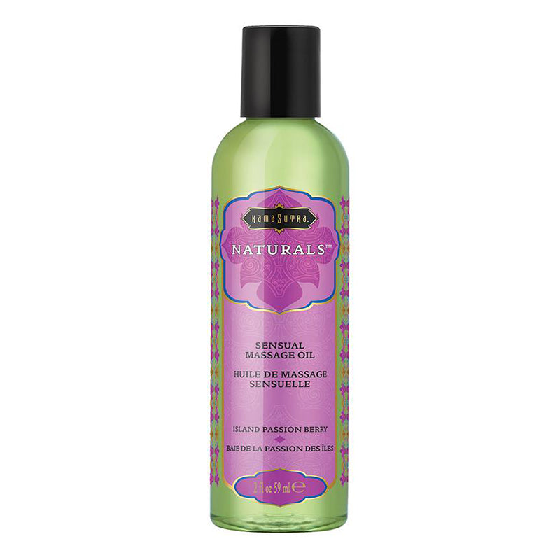A bottle of Naturals Exotic Blend Massage Oil in Island Passion Berry scent, with a purple and green label, 8 oz size.