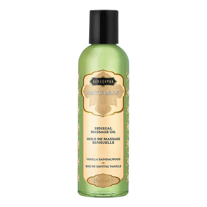 A bottle of Vanilla Sandlewood Naturals Sensual Massage Oil by Kama Sutra with a green label and black cap.