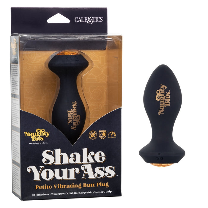 The product image shows the packaging of the Naughty Bits Shake Your Ass Vibrating Anal Plug. The packaging is predominantly black and gold with an image of a black anal plug.