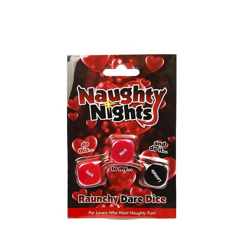 The product image shows the packaging of the Naughty Nights Dice Game, featuring a red and black color scheme with hearts and text, and dice visible through a clear plastic window.