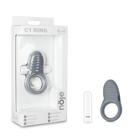 The product image shows the Noje C1 Slate Vibrating Cock Ring, its packaging, and the ring itself. The ring is gray, made of silicone, and features smooth ridges.
