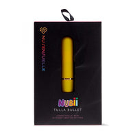 The product is a small, cylindrical vibrating bullet in a yellow color, packaged in a black box with the 'Nu Sensuelle' brand visible. The box is labeled 'Nubii Tulla Bullet' and highlights its features such as being compact, travel-friendly, and water submersible.
