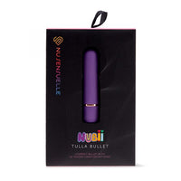 The product is a small, cylindrical vibrating bullet in a teal color, packaged in a black box with the 'Nu Sensuelle' brand visible. The box is labeled 'Nubii Tulla Bullet' and highlights its features such as being compact, travel-friendly, and water submersible.