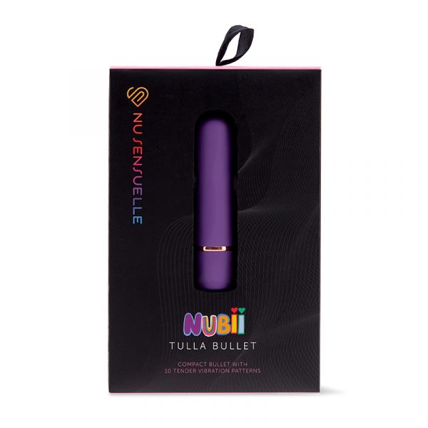 The product is a small, cylindrical vibrating bullet in a teal color, packaged in a black box with the 'Nu Sensuelle' brand visible. The box is labeled 'Nubii Tulla Bullet' and highlights its features such as being compact, travel-friendly, and water submersible.