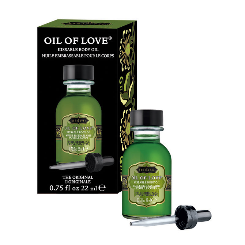 The product image shows the packaging and bottle of Oil of Love Warming Kissable Body Oil. The packaging is predominantly green with floral patterns, and the bottle is small with a dropper.