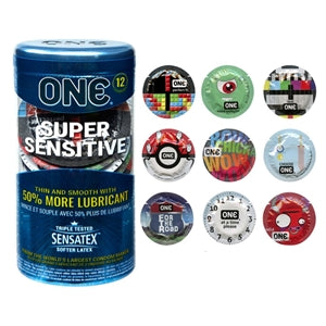Packaging and assortment of One Super Sensitive condoms with various designs and graphics on the condoms themselves.