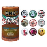 Packaging for ONE Super Studs latex condoms featuring a contoured shape and larger studs for enhanced stimulation. The package is multicolored with product images and branding.