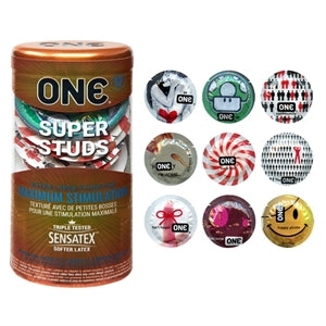 Packaging for ONE Super Studs latex condoms featuring a contoured shape and larger studs for enhanced stimulation. The package is multicolored with product images and branding.
