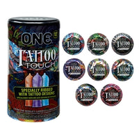 Packaging and individual condoms from the Tattoo Touch line by One Condoms, featuring tattoo-inspired ribbed designs.