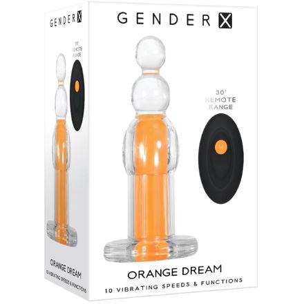 The product image shows the packaging of the Orange Dream Vibrating Plug, with a clear view of the plug itself which has a bright orange bullet and is displayed in a beaded shape. The packaging highlights features like remote control, graduated beads, multiple vibration settings, waterproof capability, and LED illumination.