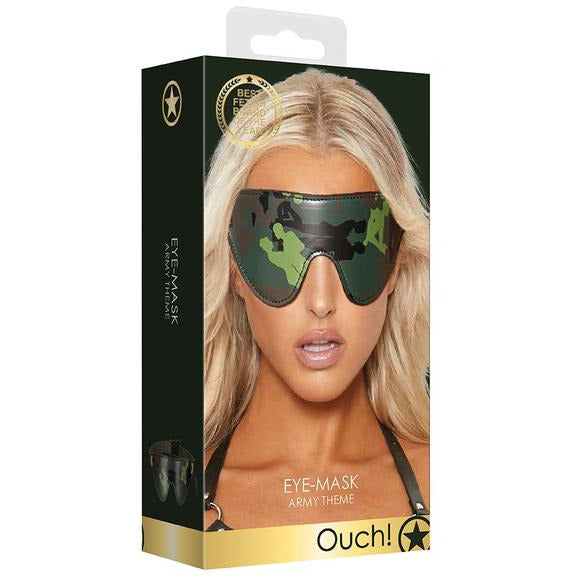 The product image shows the packaging of the Ouch Eye Mask Army, featuring a camouflage design. The packaging displays a model wearing the eye mask, emphasizing its stylish and military-inspired look.