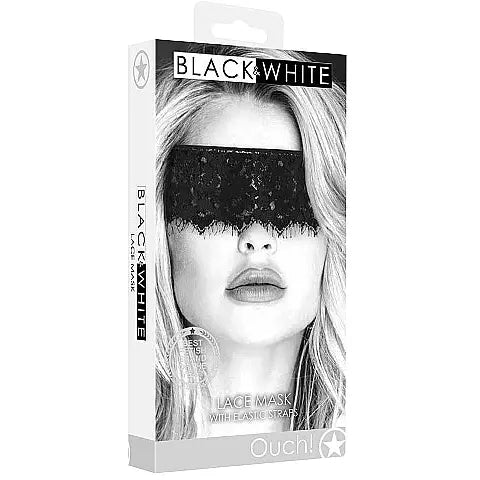 A black and white lace eye mask in packaging featuring a monochrome image of a woman wearing the mask.