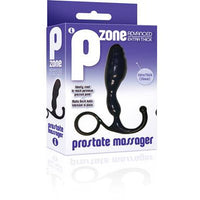 The product image shows the packaging of the P Zone Advanced Extra Thick Prostate Massager. The box is predominantly blue and black, with an image of the black massager itself displayed through a cut-out window.