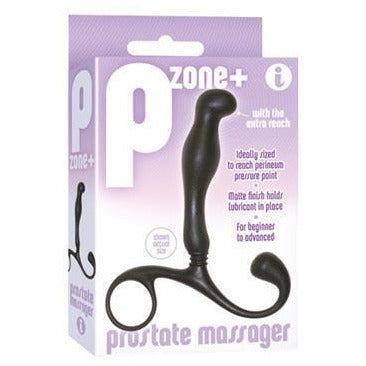 The product image shows the packaging of the P Zone+ Prostate Massager. The box is purple and white with clear text and images, displaying the massager itself in a clear plastic case.