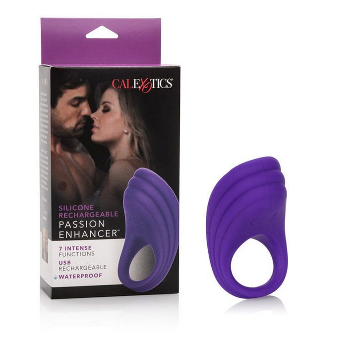 The image shows a purple, smooth, and flexible cock ring along with its packaging. The packaging features a couple in an intimate pose, highlighting the product's pleasure-enhancing benefits.