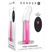 The product image shows the packaging of the Pink Paradise Vibrating Plug, which is clear and transparent, allowing visibility of the hot pink bullet inside. The packaging highlights features such as the remote control, ten speeds and functions, and submersible capability.