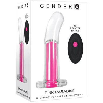 The product image shows the packaging of the Pink Paradise Vibrating Plug, which is clear and transparent, allowing visibility of the hot pink bullet inside. The packaging highlights features such as the remote control, ten speeds and functions, and submersible capability.