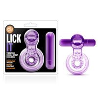 The image shows a purple vibrating cock ring with a bullet attachment. The product is displayed both in and out of its packaging, highlighting its features and the soft, stretchy design.