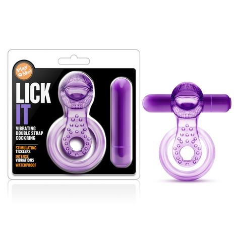 The image shows a purple vibrating cock ring with a bullet attachment. The product is displayed both in and out of its packaging, highlighting its features and the soft, stretchy design.