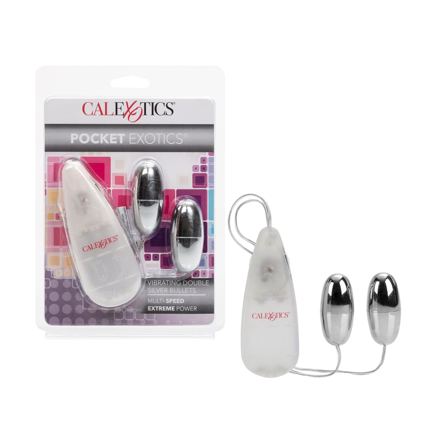 The product image shows the packaging and the two metallic bullets connected by a cord, emphasizing its compact and portable design.