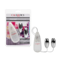 The product image shows the packaging and the two metallic bullets connected by a cord, emphasizing its compact and portable design.
