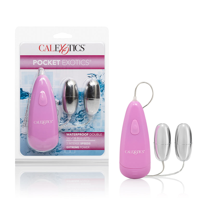 The product image shows a pink and silver dual bullet vibrator set. The packaging displays the product name 'Pocket Exotics' and highlights its waterproof feature.