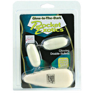 The product image shows a package containing two white, glow-in-the-dark vibrating bullets. The packaging highlights features such as dual stimulation, multi-speed functions, and portability.