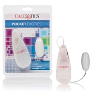 The image shows the packaging and the product itself, a small white vibrating bullet with a wired remote control. The packaging is labeled 'Pocket Exotics' by Cal Exotics, indicating the product's compact size and portable nature.