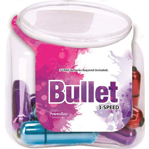 clear container of mini bullets in various colours