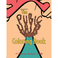 This image features the cover of "Pubic Hair Adult Coloring Book" by Wood Rocket. The cover design is bold and playful, showcasing a large, detailed illustration of pubic hair in a reddish-brown color, giving a clear indication of the book's theme and adult-themed content.