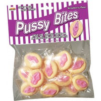 The image displays a package of Pussy Bites Gummy Strawberry Candy by Hott Products. The packaging is vibrant with a striped purple and white design, featuring the product name prominently at the top.