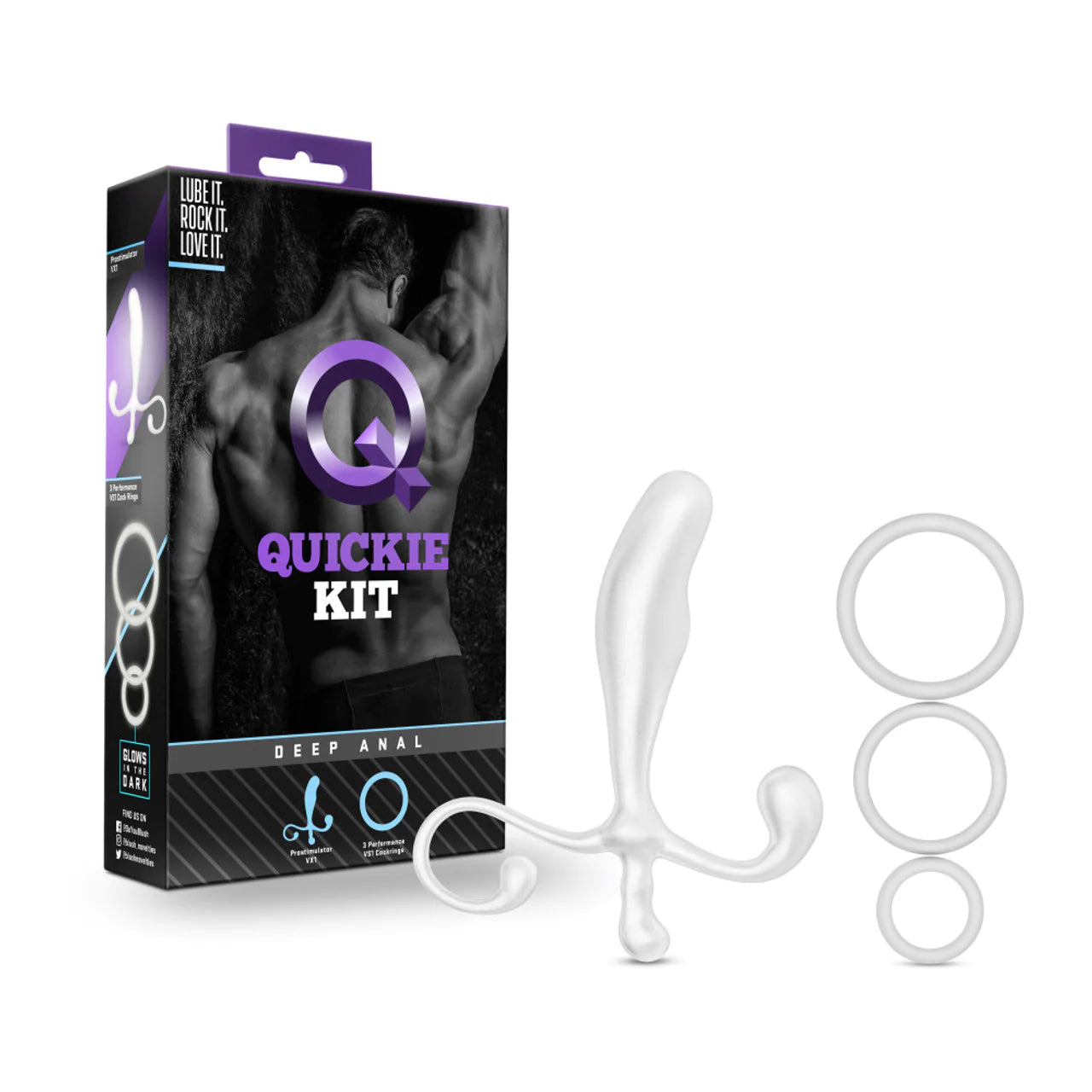 The image shows the packaging of the Quickie Kit Deep Anal Toys by Blush Novelties. The box features a predominantly black design with purple accents and text, displaying the product name and description.