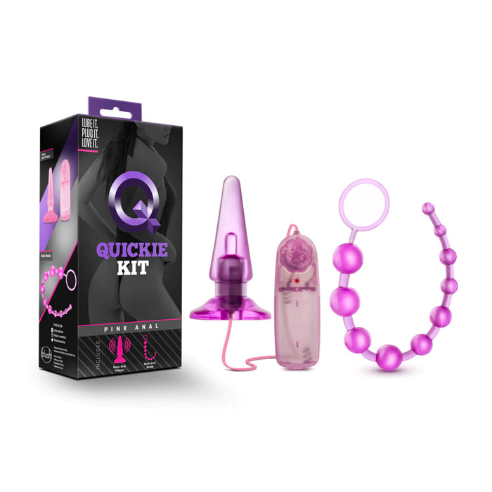 The image shows the product packaging for the Quickie Anal Toys Kit by Blush Novelties. The box is predominantly black with pink accents, featuring a clear window displaying the contents inside.