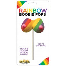 The product image shows a package of Rainbow Boobie Pops suckers with a colorful design. The packaging is vibrant with prominent rainbow colors and playful font, indicating the product is meant for adult-themed events.