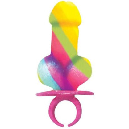 The image displays the Rainbow Finger Ring Penis Candy Sucker, a playful and humorous candy designed in the shape of a ring-pop with vibrant rainbow colors. Ideal for adult-themed parties or as a quirky gift, this candy is both delicious and visually striking, offered in individual packaging for convenience in party settings or personal use.