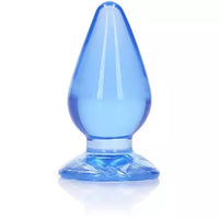 A blue anal plug with a tapered shape and a suction cup base.