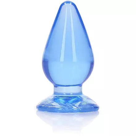 A blue anal plug with a tapered shape and a suction cup base.