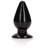 A black anal plug with a tapered shape and a suction cup base.
