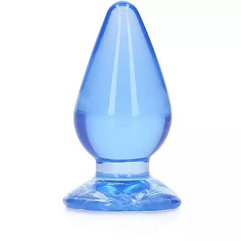 A clear, blue anal plug with a tapered shape and a suction cup base.