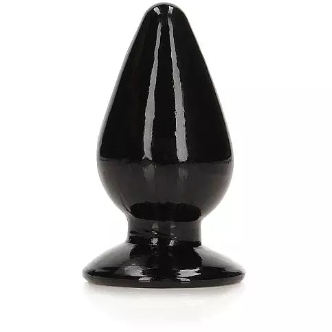 A black anal plug with a tapered shape and a suction cup base.