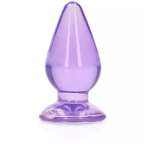A clear, purple anal plug with a tapered shape and a suction cup base.